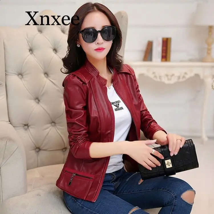 burgundy Women Pu Leather Short Slim Jacket Round Neck Zipper Coat Female Outerwear Fashion Jacke M-2XL red slim coat moto 240828