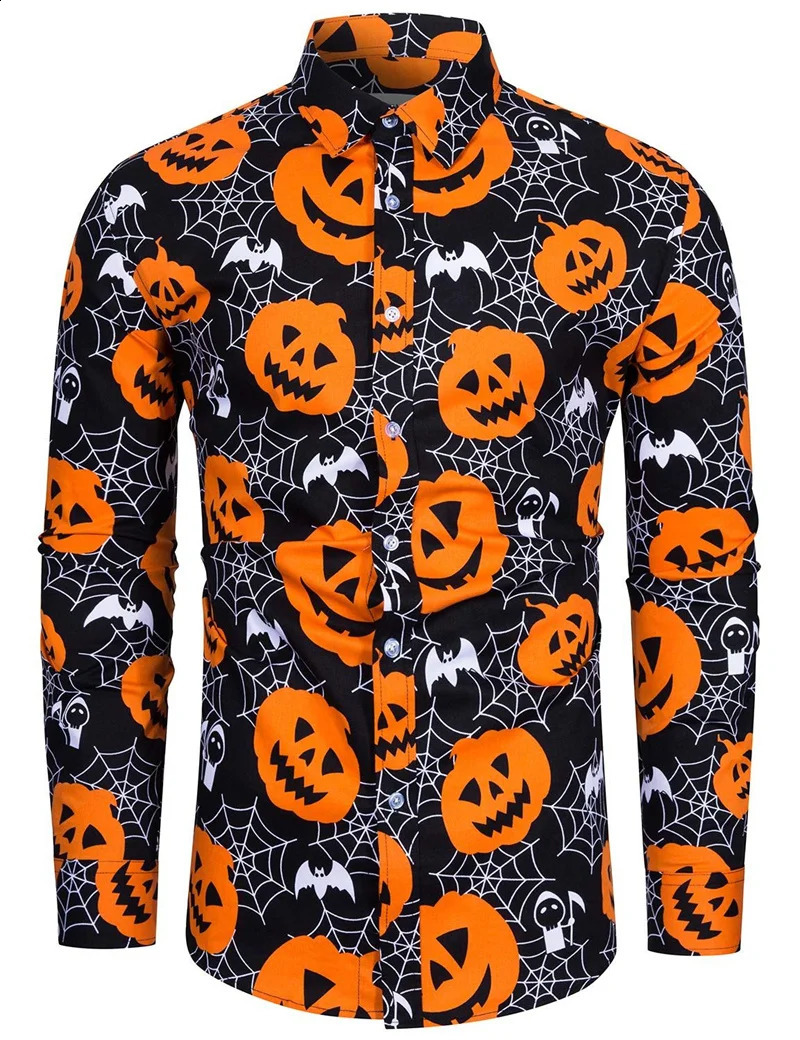 Halloween long sleeved mens pumpkin head printed shirt trend party costume mens street casual long sleeved top 240829