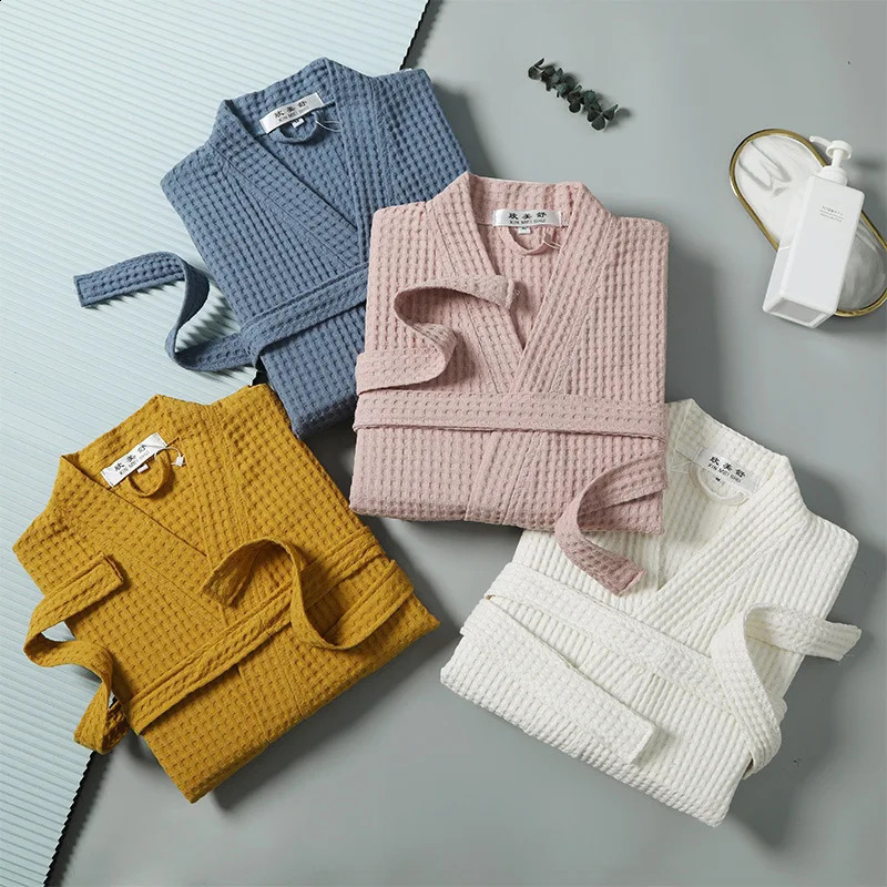 Cotton Terry Robe for Spring and Summer Thin Morning Robe Long Sleeve Waffle Bathrobe el Beauty Bath Towel for Couples 240829