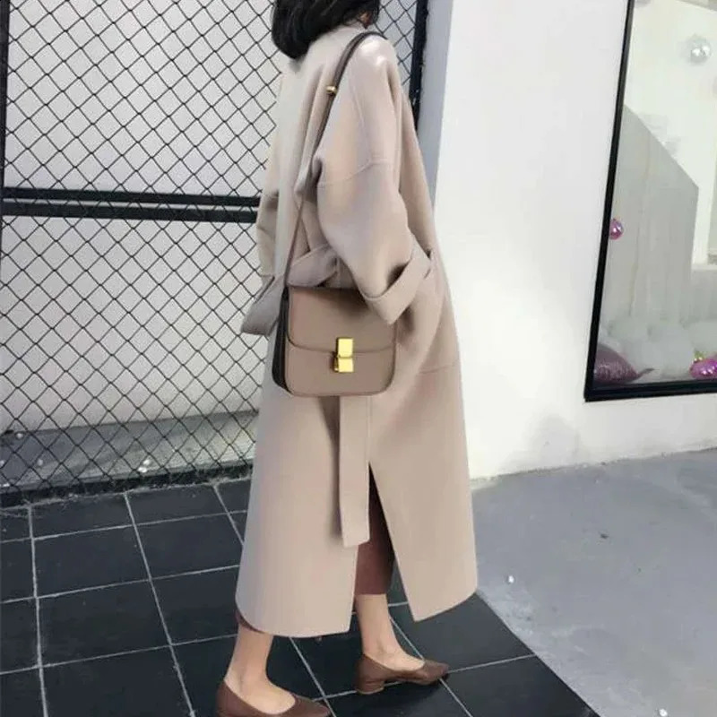 Nice autumn winter wool coat womens long sleeved wool blend coat open front park with loose waistband casual coat 240828