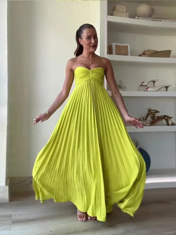 Sexy Strapless Women Solid Pleated Maxi Dress Fashion Backless Sleeveless High Waist Dresses Summer Lady Party Evening Robe
