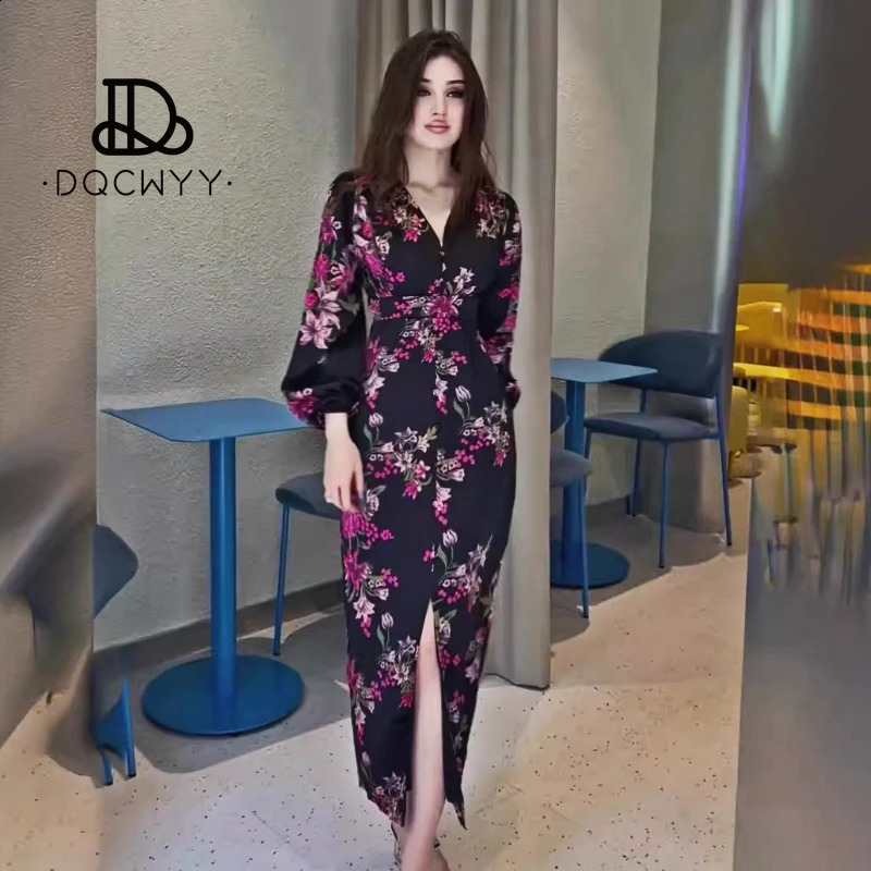 Retro printed Vneck long sleeved waist pleated womens summer warm weight loss party dress 240828