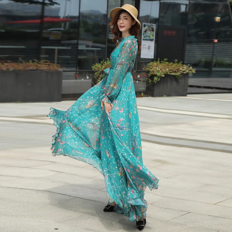 Chiffon Long Sleeve Printed Dress Bohemian Plus Womens Beach Party Garden Elegant Vestdos Robe 240828