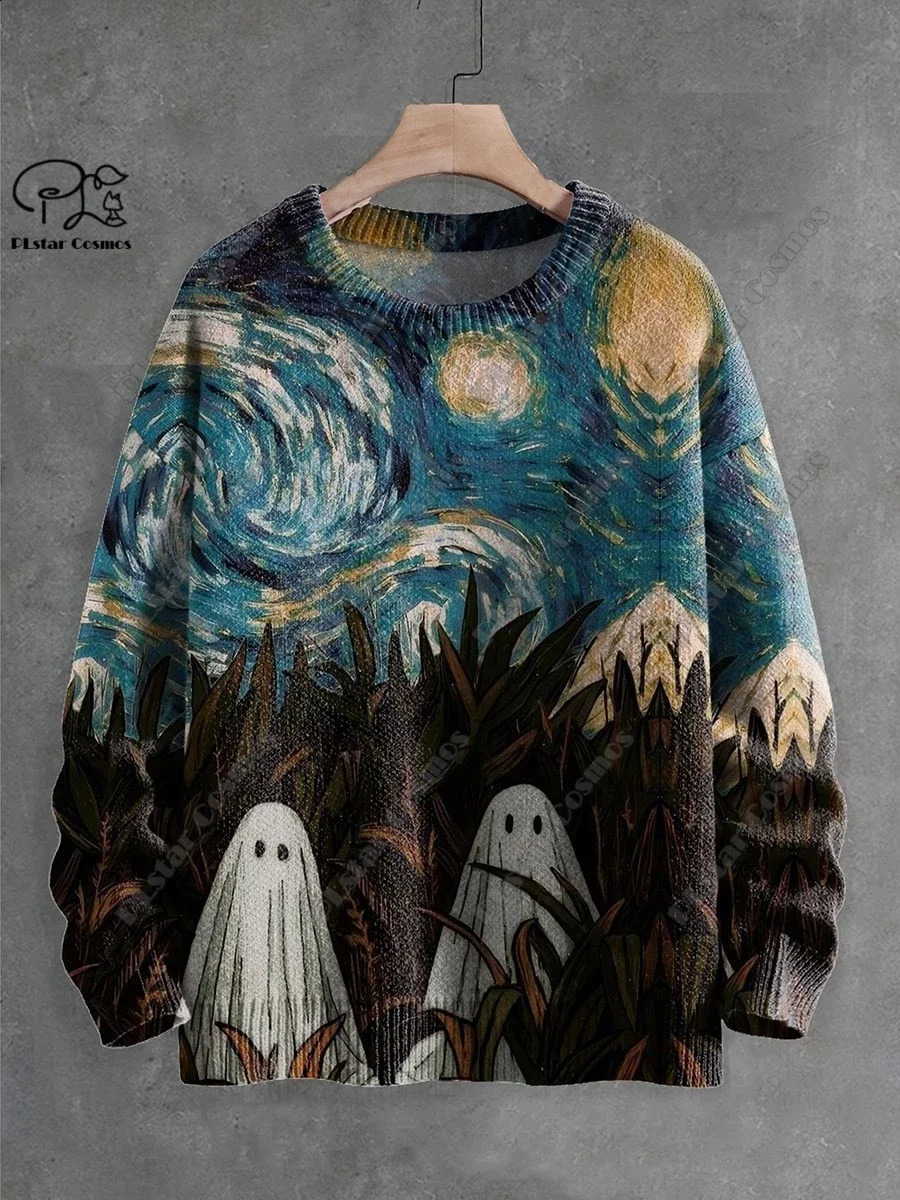 3D Printing Halloween Custom Series Horror Ghost Skull Witch Black Cat Pattern Ugly Sweater Street Casual Winter Sweater W-4 240829