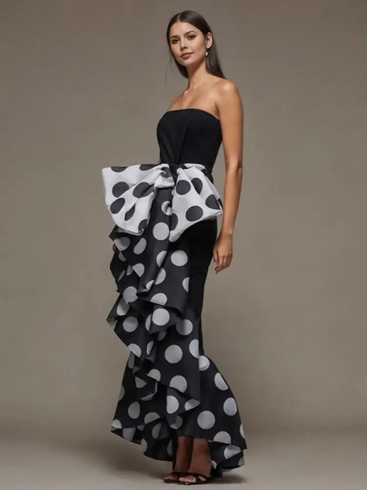 Lemongor Female Fashion Polka Dot Bow-Embellished Elegant Tube Strapless Dress Summer Sleeveless Party Evening Dresses 240828