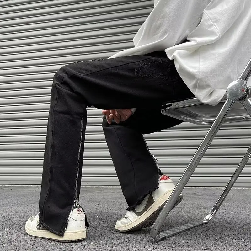Y2K Streetwear Zipper Black Ripped Stacked Jeans Pants For Men Clothing Straight Hip Hop Goth Long Trousers Pantalon Homme 240828