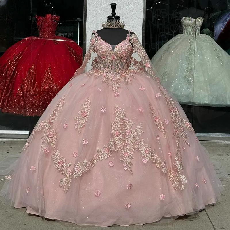 Pink 3D wers Off The Shoulder Ball Gown Quinceanera Dresses Appliques Lace Beads Tull Corset Sweet 16 Vestidos 15 Dress