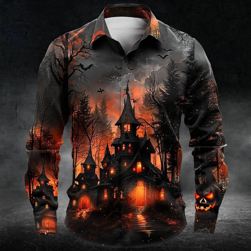 Party Magic Skeleton Mens Long Sleeve Shirt Halloween Pumpkin Bird 3D Printed Button Trend Cool Fashion Beach Party Top 240829