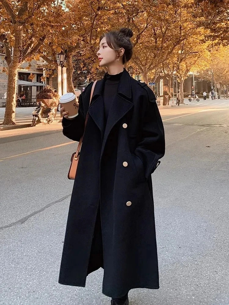 Advanced wool coat womens autumn winter button double-layer breathable long sleeved mid length knee length wool coat 240828