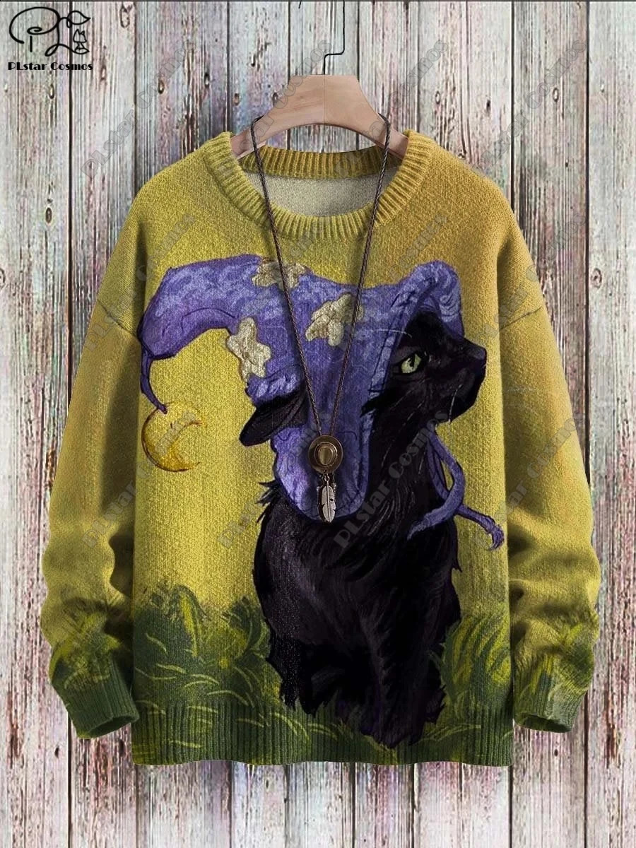 3D printing Halloween series horror ghost skeleton witch black cat pattern ugly sweater street casual winter sports shirt W-4 240829