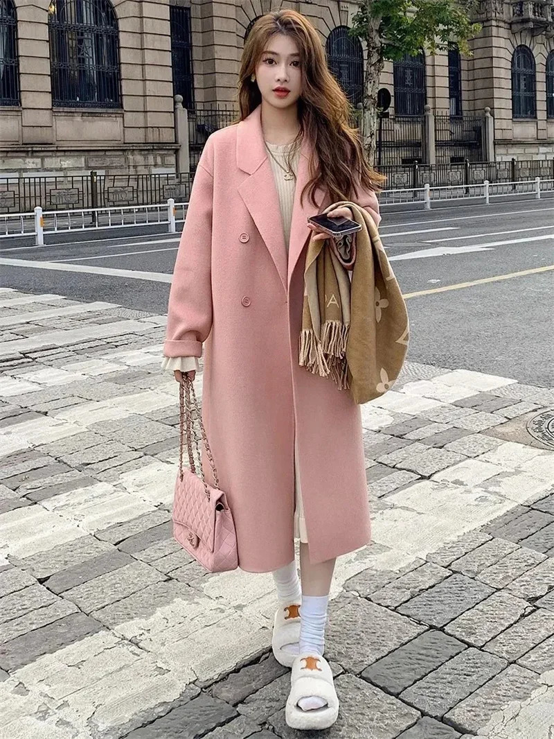 Pink wool coat womens medium long autumn and winter item Korean version loose fit and version Hepburn style small wool coat 240828