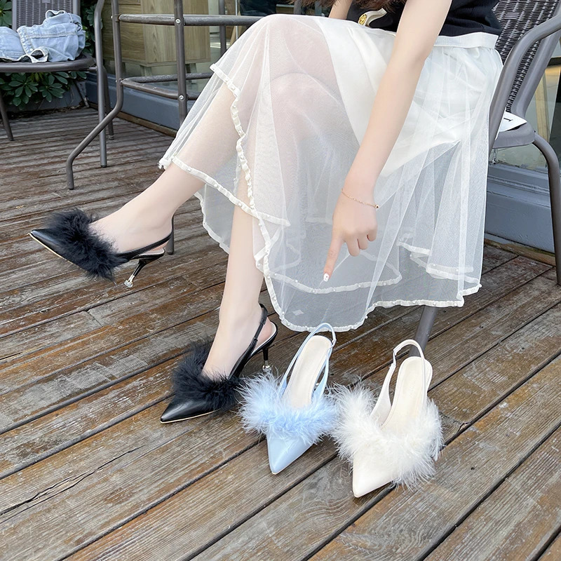 Lace slider womens shoes womens pump solid leather dot lace slider fur high heels summer womens slider 240827