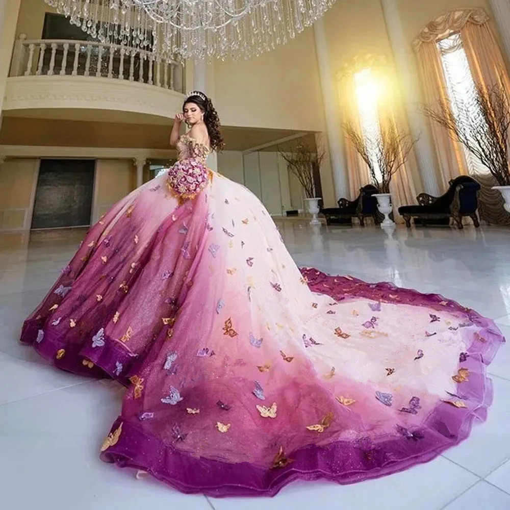 Butterflies Quinceanera Dresses 2024 Off Shoulder Lace 3D Flowers Sweet 16 15 Anos Princess Ball Gowns Birthday Prom Dress vestidos de Sweet