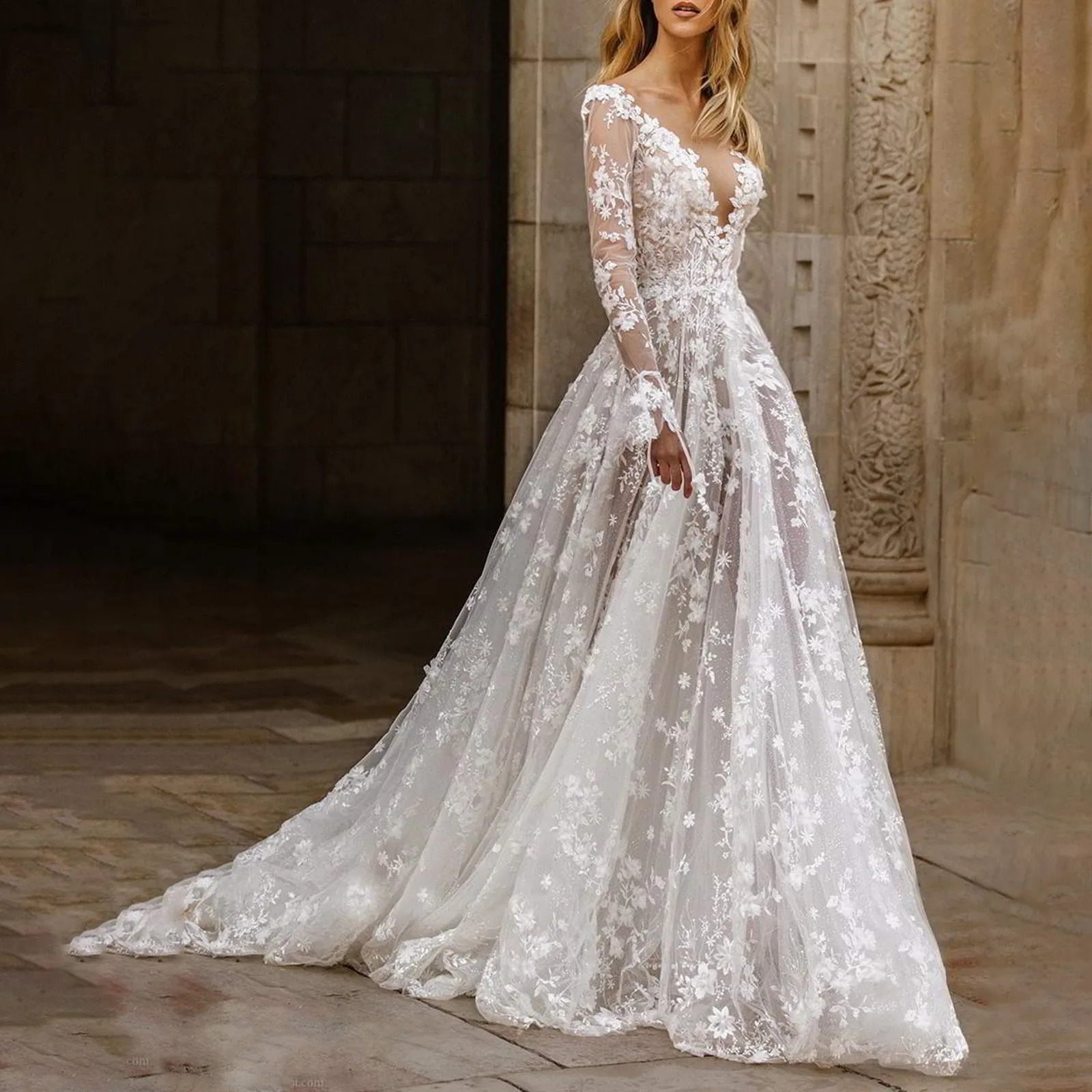 Elegant High Waist Wedding Dress Womens Clothing Pure White Long Sleeve Solid Color Printed Ball 240828