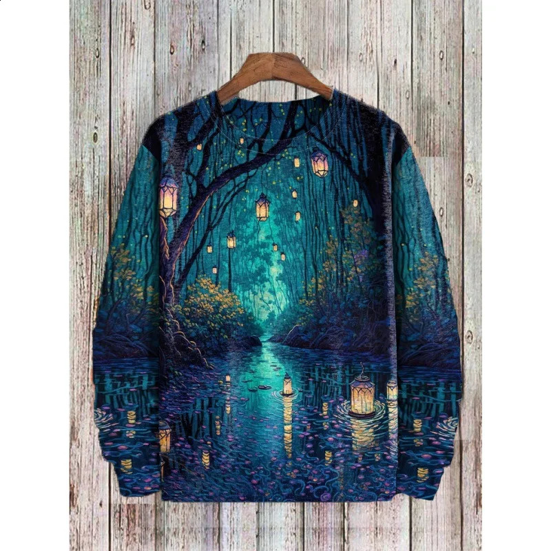 Halloween hooded sweatshirt mens long sleeved tee oversized O-neck with 3D lantern pattern T-shirt street mens clothing 240829