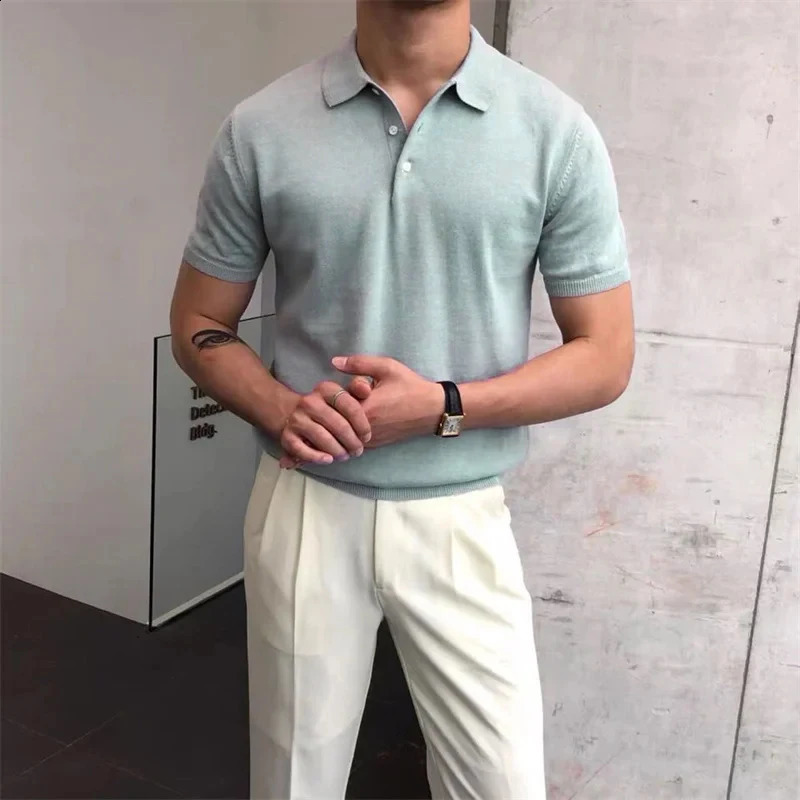 Summer Knitted Polo Shirt Solid Color Business Casual Mens Short Sleeve High Quality Golf Clothing 240828