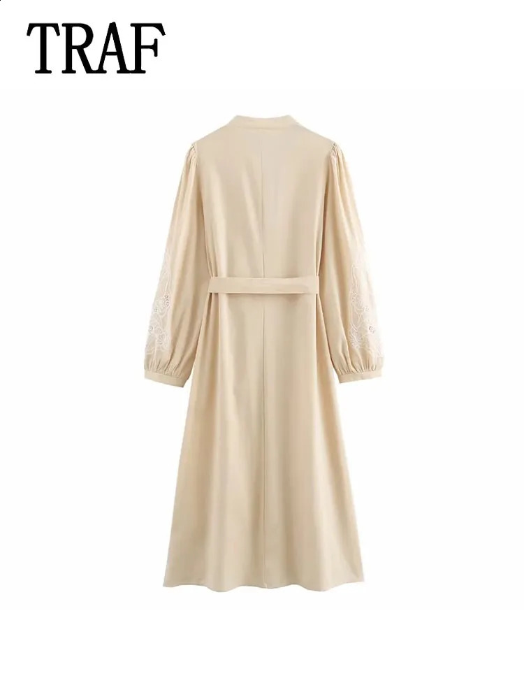 TRAF Embroidered Maxi Dress Womens Printed Bohemian Long Puff Sleeve Beach Hollow 240828