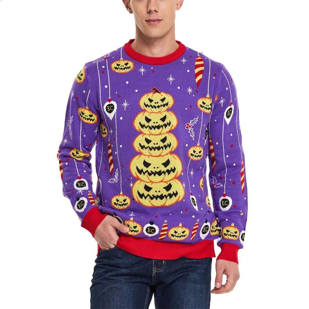Mens knitted sweater Halloween pumpkin print long sleeved skydiving autumn casual pull-up top mens clothing letter sweater 240829