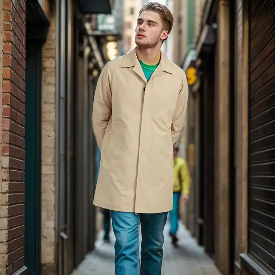 mens windproof spring and automatic solid color mens long sleeved lapel coat single-layer casual long thin coat 240829
