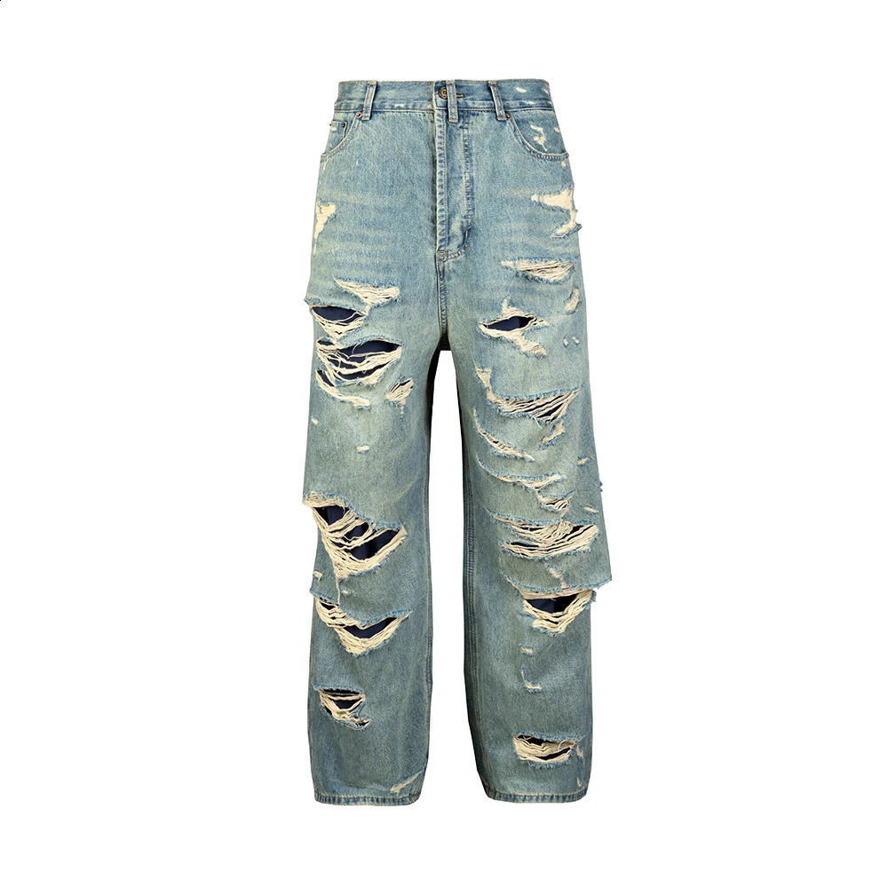Distressed Washed Blue Baggy Wide Leg Jeans for Men and Women Frayed Casual Denim Trousers Oversized Loose Cargo Pants 240826Z