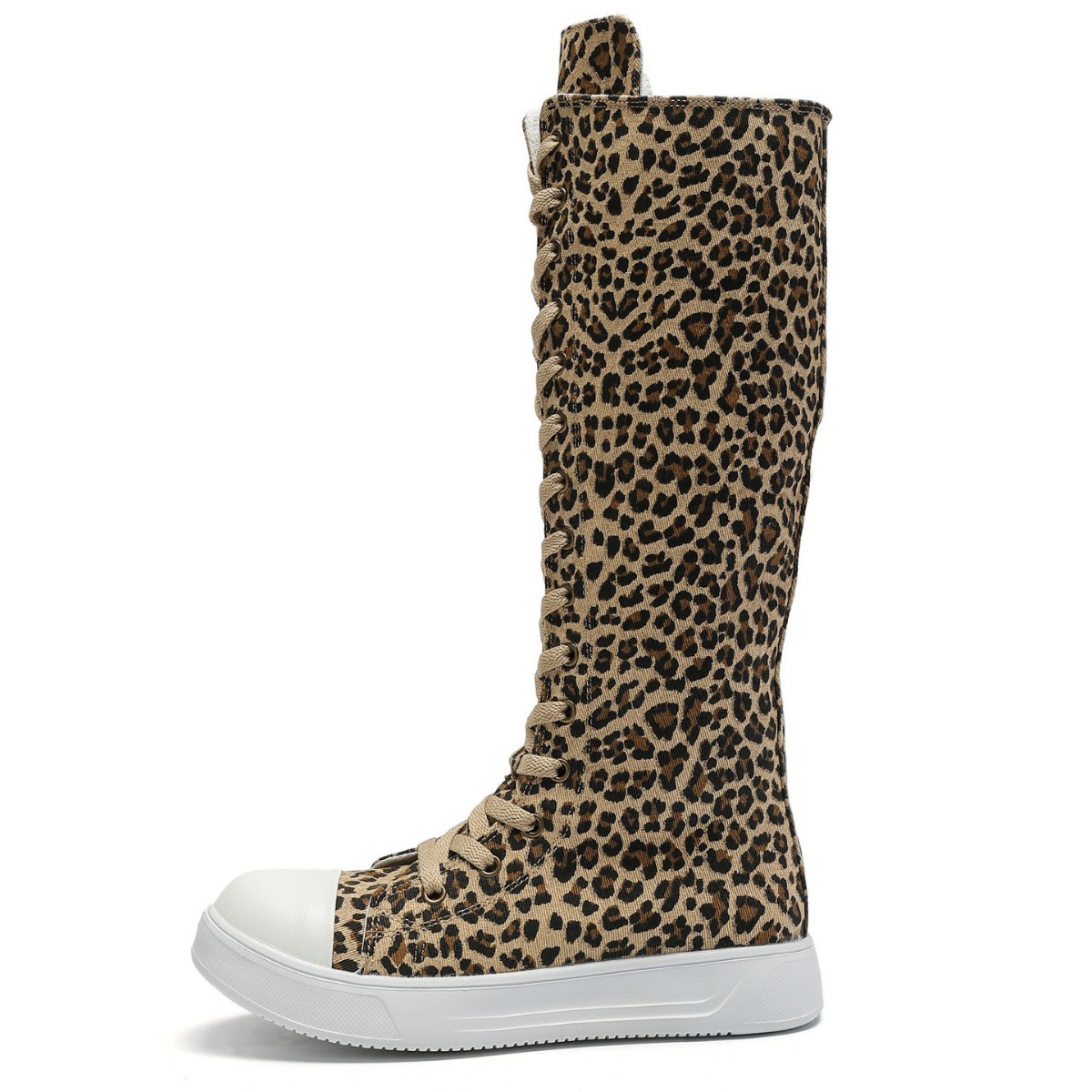 Women's Fashion Knee High Boots - Leopard Pattern Soft, versatile, comfortable thick-soled boots with side zipper and lace-up - Perfect for every