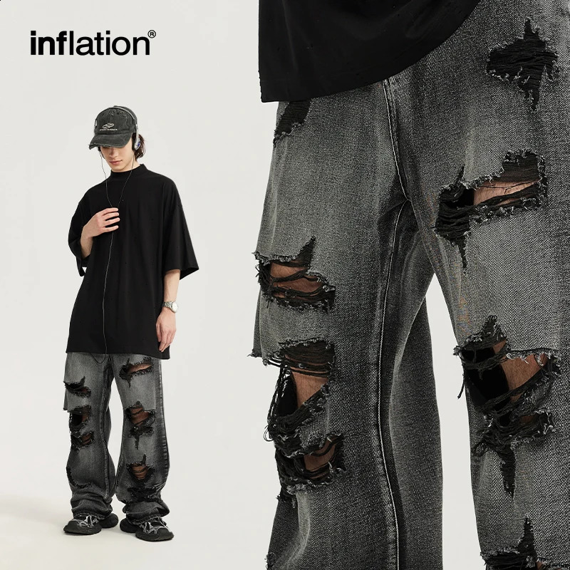 INFLATION Washed Ripped Distressed Jeans Men Streetwear Hip Hop Holes Denim Pants 240828