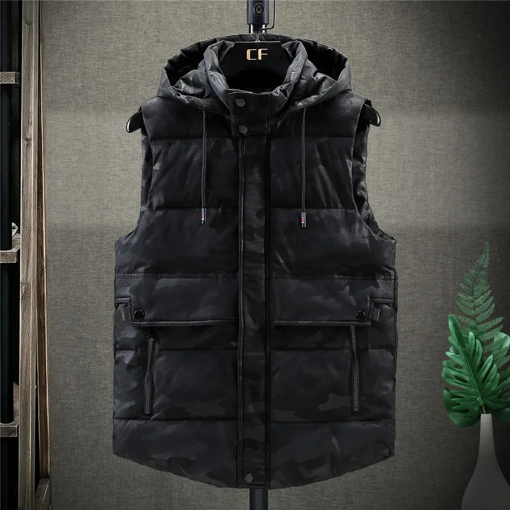 Mens Winter Tank Top Plus Size 5XL Hat Detachable Waist Coat Camo Sleeveless Jacket Warm Parkas Unloading 240828