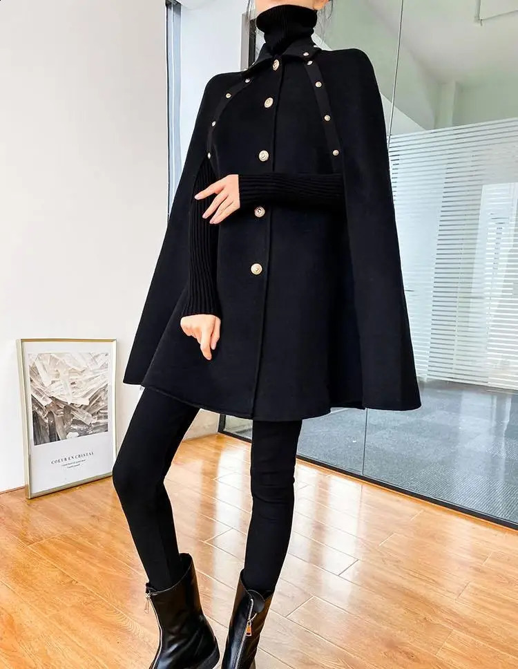 High Quality Black Cape Woolen Shawl Coat Korean Women Autumn Winter Mid-Length Loose Vintage Golden Button Cloak Wool Coat 240828