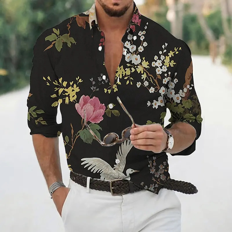 Flower Skull Rose Mens Shirt Sunflower Collar Halloween Street Long Sleeve Button Mens Clothing Fashion n 240829