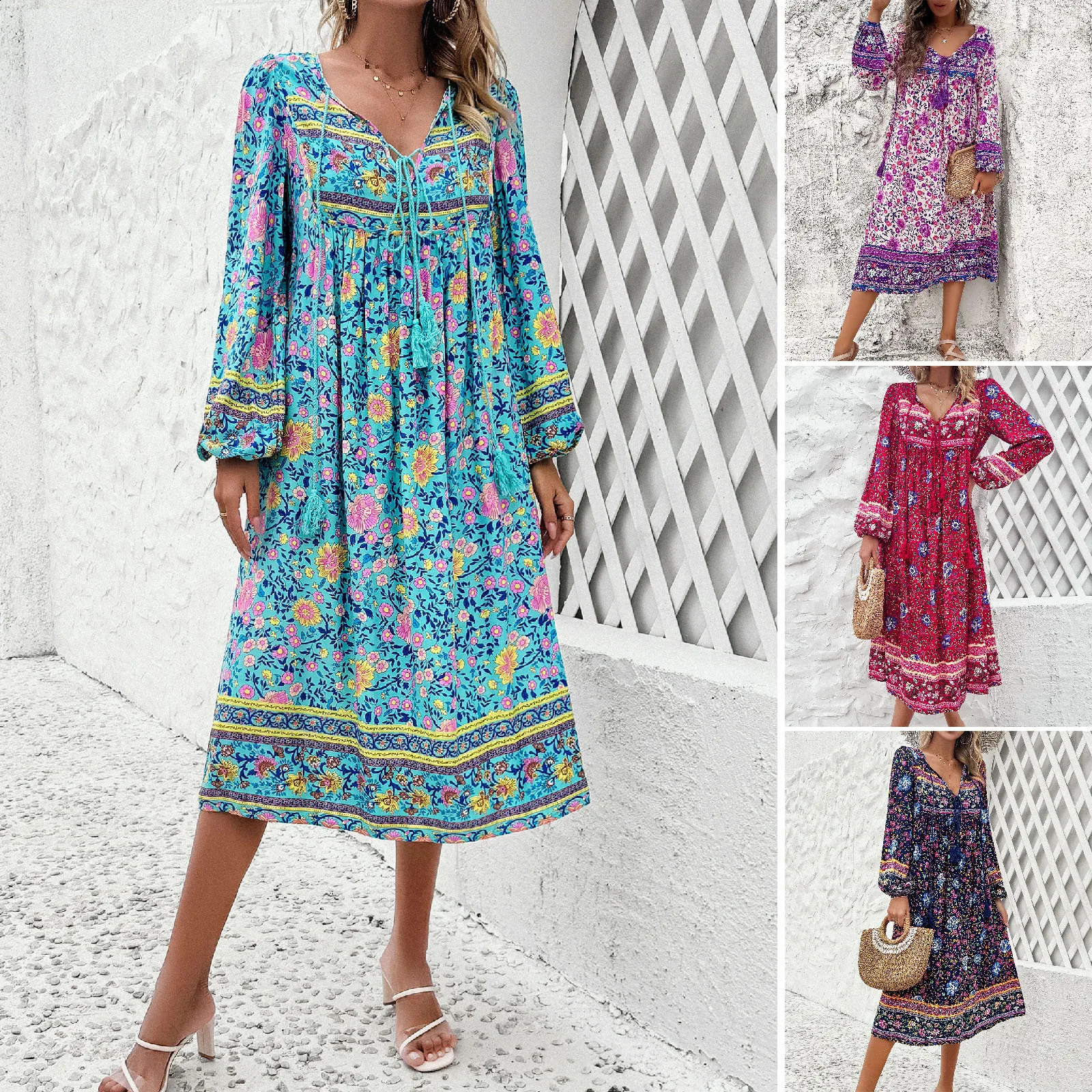 High quality womens springsummer casual vacation printed long sleeved dress with brushed Bohemian Y2k 240828