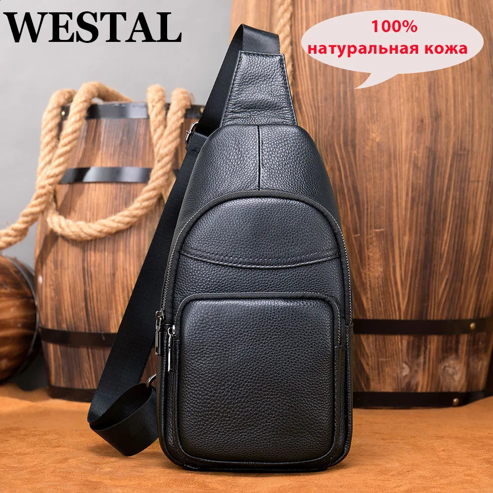 WESTAL Cowhide Genuine Leather Sling Bag Men Chest Bag Casual Traveling Chest Pack Black Mens Shoulder Bags er 240829