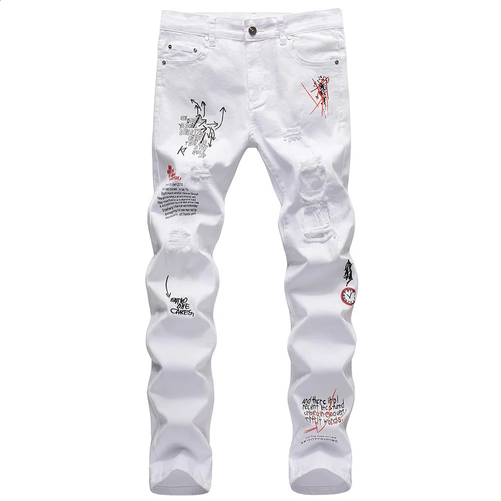 Mens letter embroidered printed jeans streetwear ultra-thin straight stretch jeans black and white holes ripped Trouser 240829