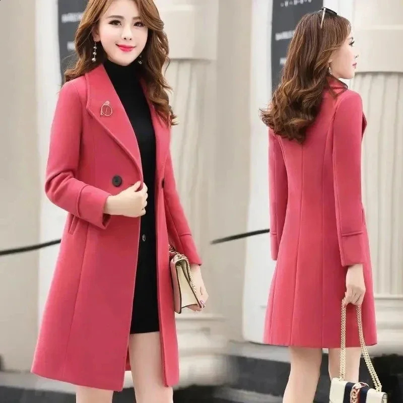 Fashionable autumn mid length wool coat for women Korean anti pilling set collar long coat for women ultra-thin loose jacket 240828