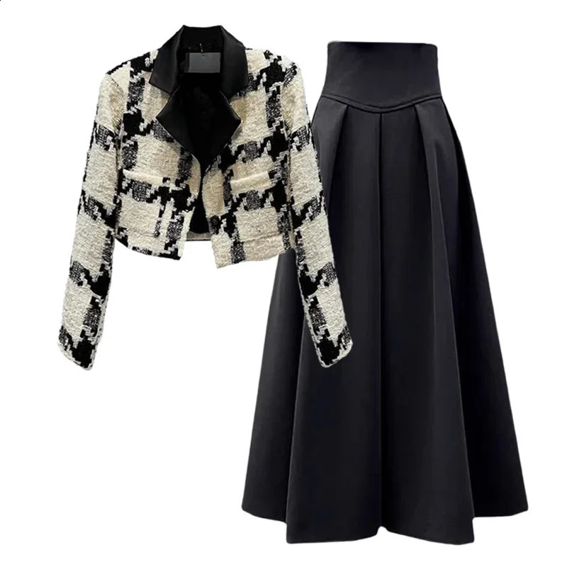AutumnWinter High Quality Patch Work Jacket Coat Womens Black Half Sleeve Two Piece Dress Set 240828