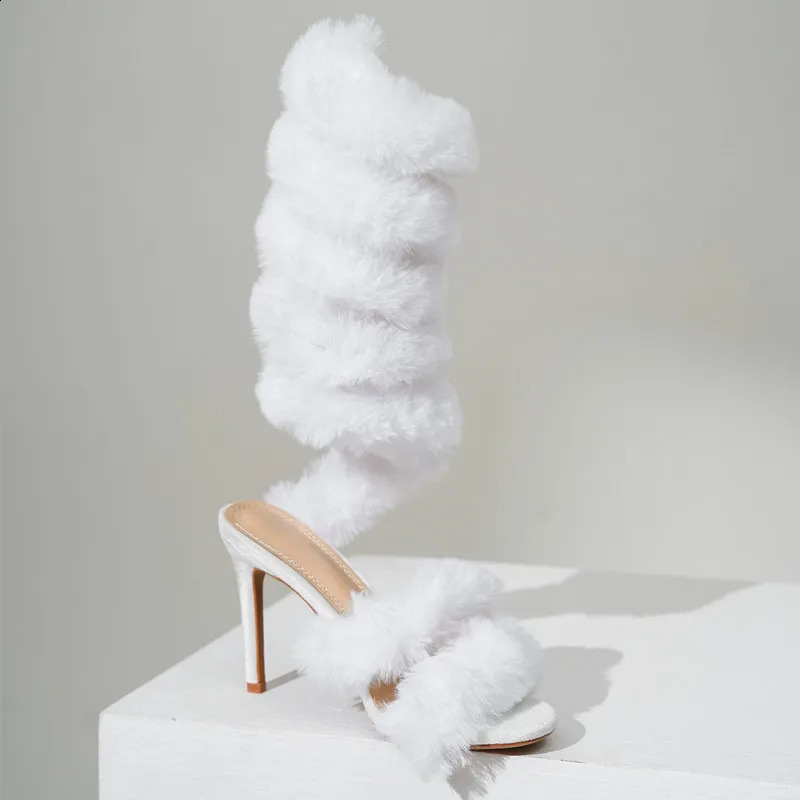 Fashionable faux fur snake shaped wrapped womens sandals with sexy ankle shoulder straps high-heeled gladiator sandals womens banquet party pump shoes