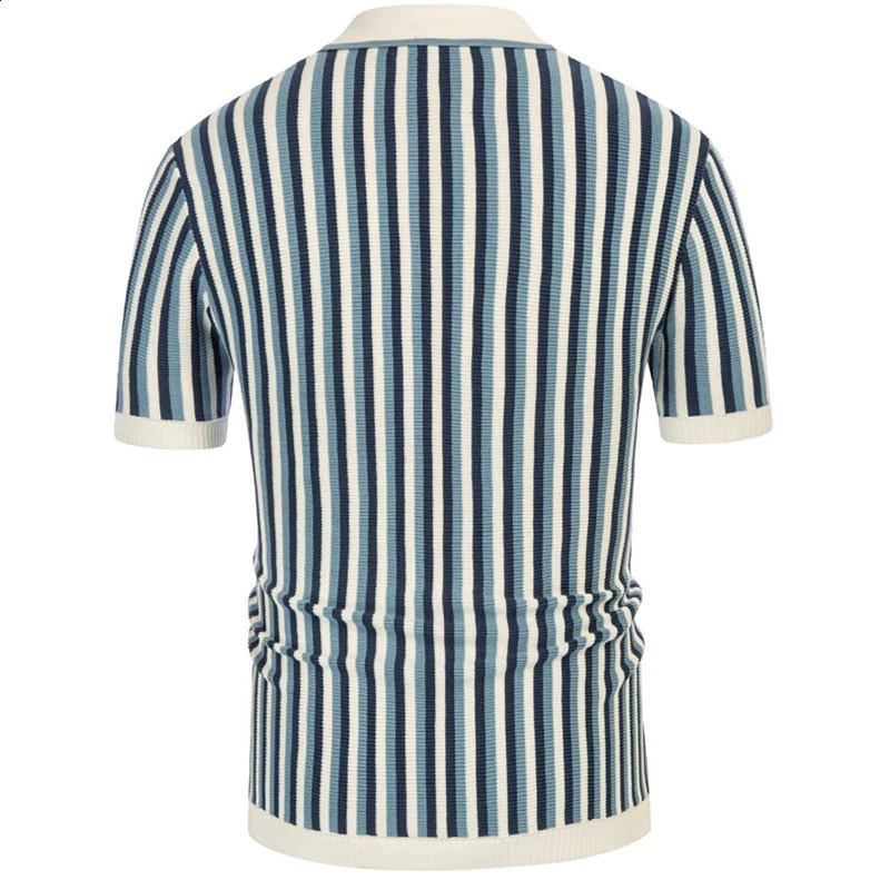 Summer mens lightweight button casual knitted polo shirt retro short sleeved street clothing fashionable patch work knit 250109