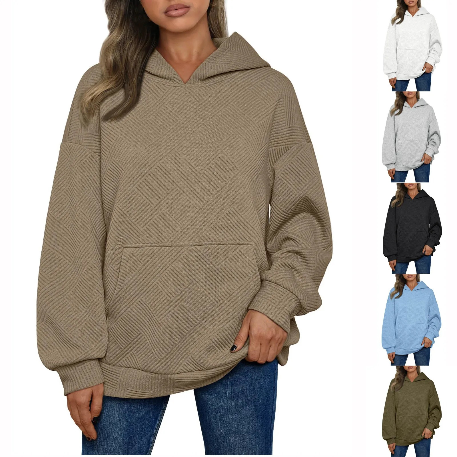 SpringAutumn Womens Solid Pull off Oversized Sportswear Fashion Clothing with Pocket Loose Top 240827