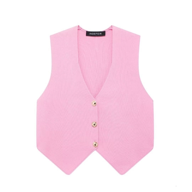 Womens pink knitted vest sleeveless knitted top V-neck single chest three gold buttons summer trend 240828