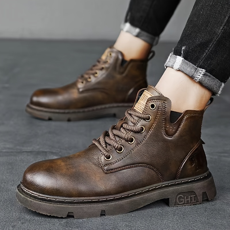 Men's vintage all seasons ankle boots, leather boots martin boots, durable leather lace-up shoes, non-slip sole