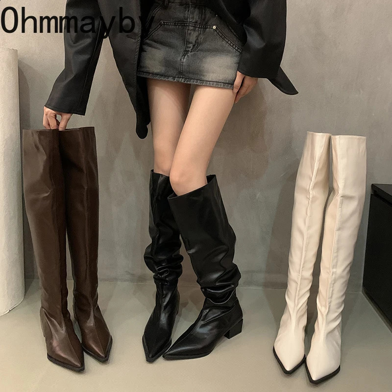 Elastic soft leather womens knee high boots fashionable Pointed sole autumn thick boots womens long boots 240827