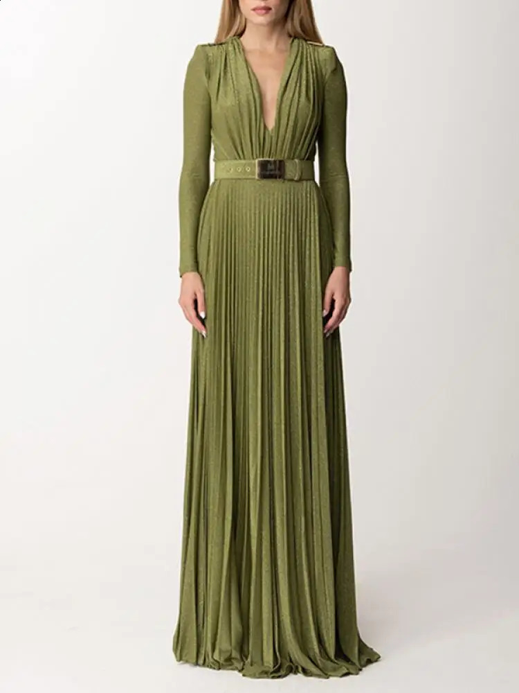 Fashion V-neck Long Sleeves Dress Spring Solid Color Evening Dresses for Women Belted Pleated Split-side Maxi Dress