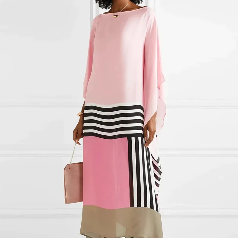 Candy Stripe Print Patchwork Kaftan Dress Womens Spring Round Neck Irregular Long Summer Bat Sleeve Bohemian 240828
