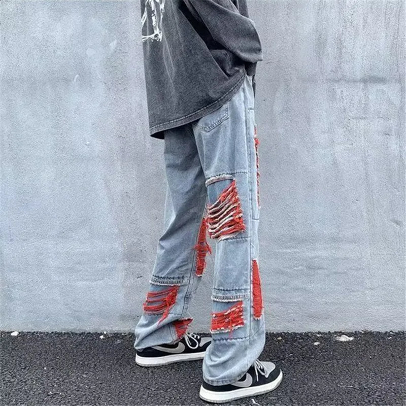 Hip Hop Ripped Jeans Mens clothing High Street Y2K Loose Straight Pants Button Pocket Spring Summer Trousers A047 240828