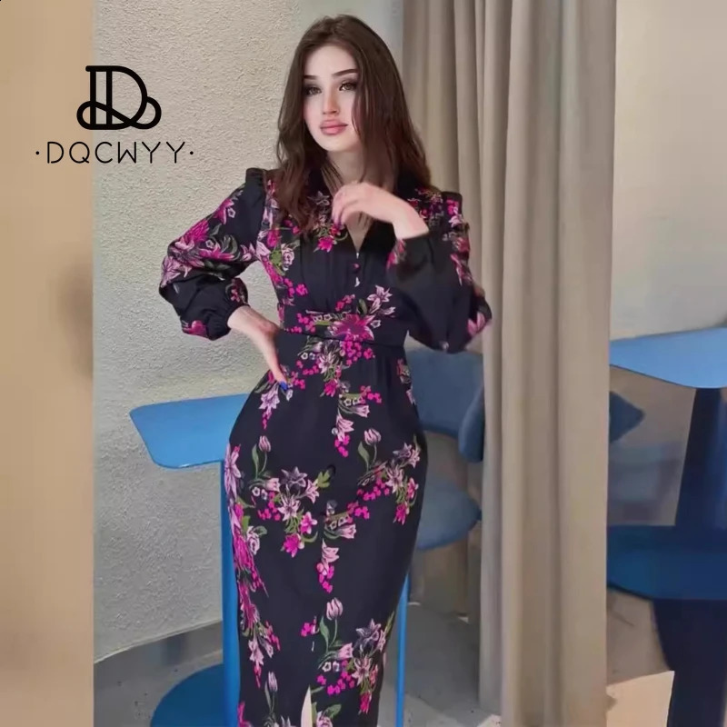 Retro printed Vneck long sleeved waist pleated womens summer warm weight loss party dress 240828