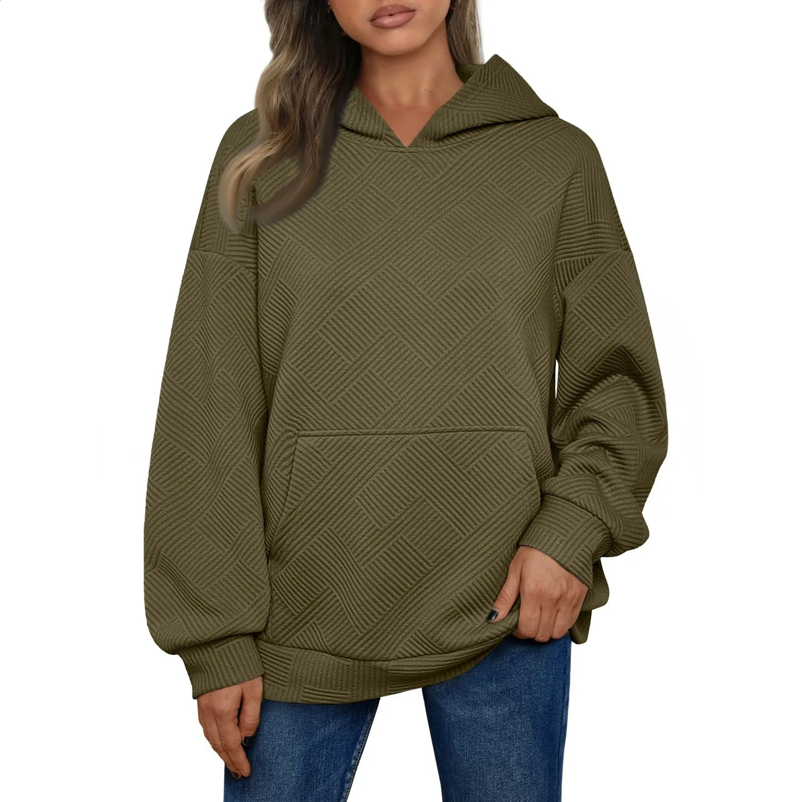 SpringAutumn Womens Solid Pull off Oversized Sportswear Fashion Clothing with Pocket Loose Top 240827