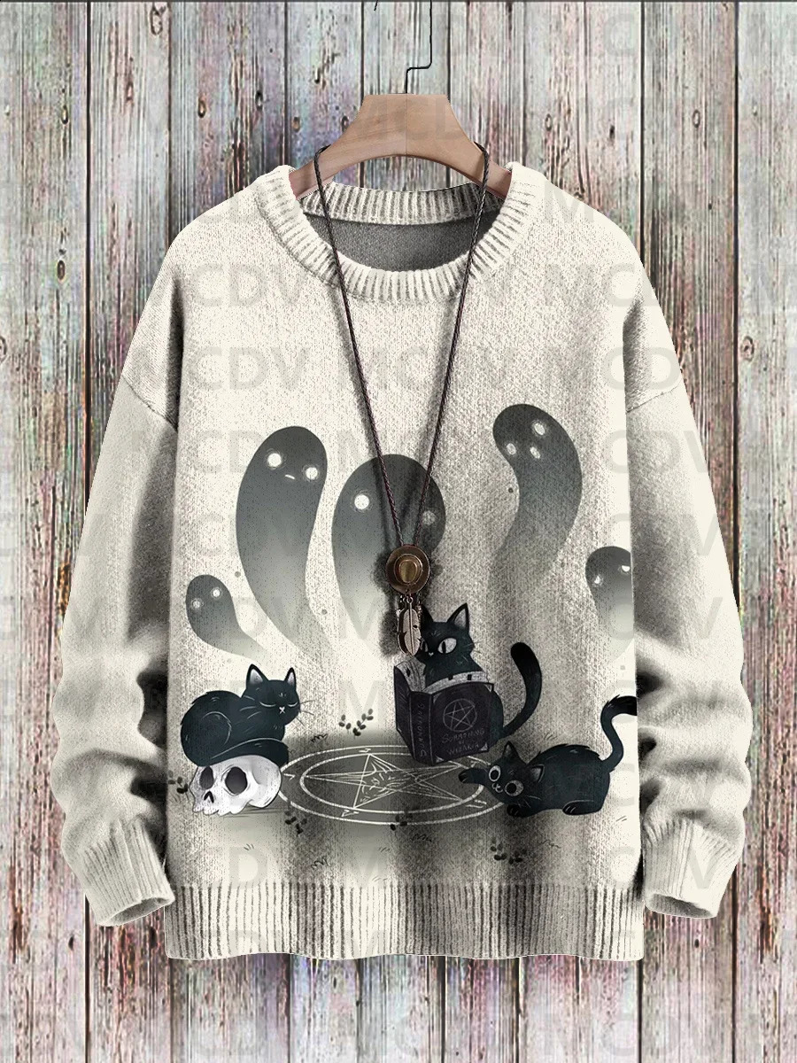 Interesting Skeleton Sunflower Art Halloween Printed Knitted Pullover Sweater for Women and Men 240829