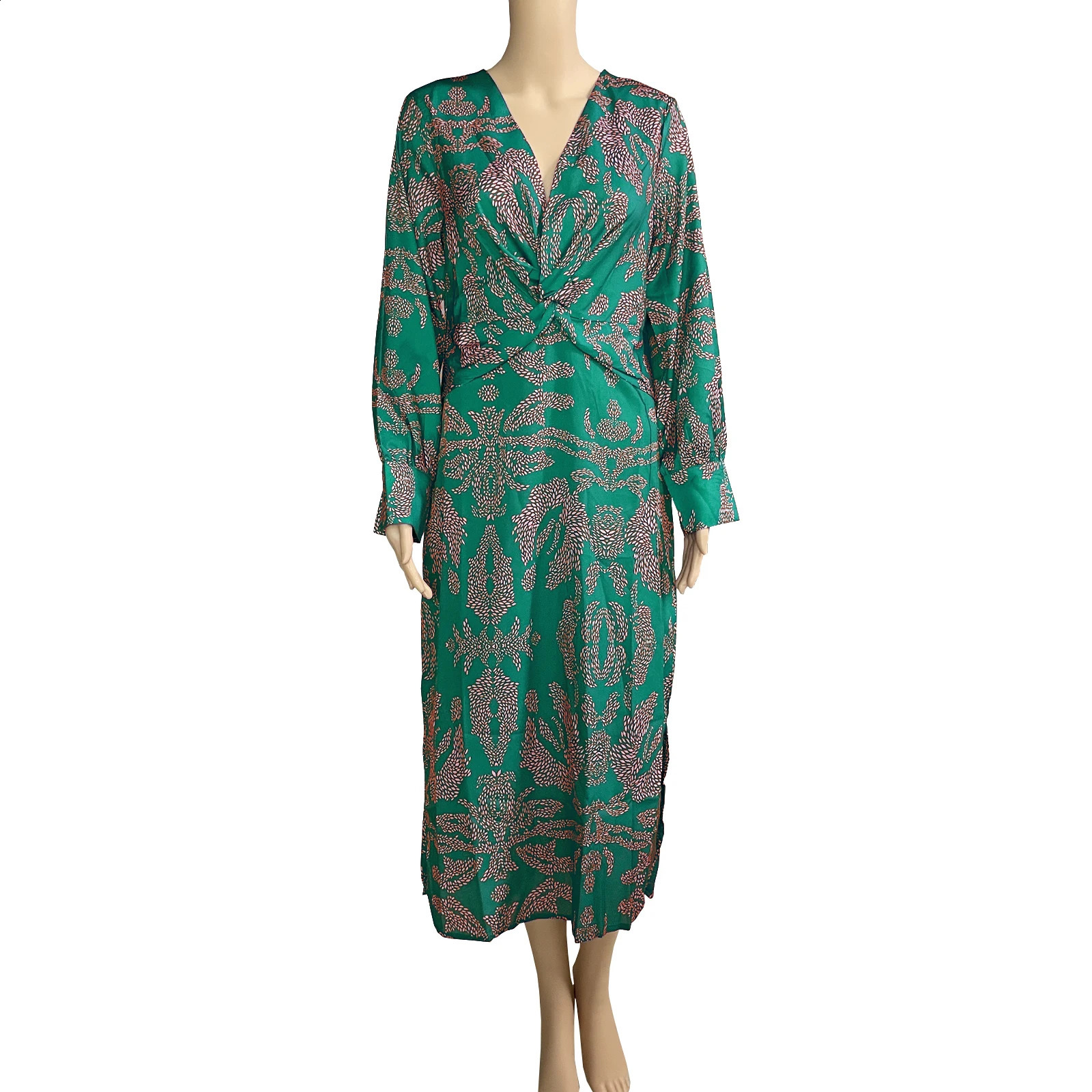 Elegant Street Clothing Printed Womens Fashion Ultra Thin Midi Retro Vneck Long Sleeve Spring Summer Dress 240828