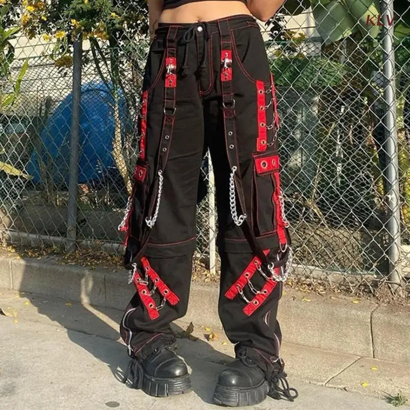 Womens Black Gothic Lage Cargo Pants Haruku Punk Colored Lock Eye Bandage Metal Chain Hip Hop Wide Leg Trouser XDA