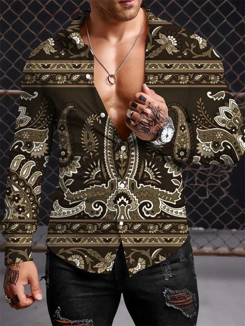 2023 Mens Long Sleeve Shirt Harajuku Vintage Pattern Polo Collar Fashion Casual Luxury Top S-5XLXJ240828