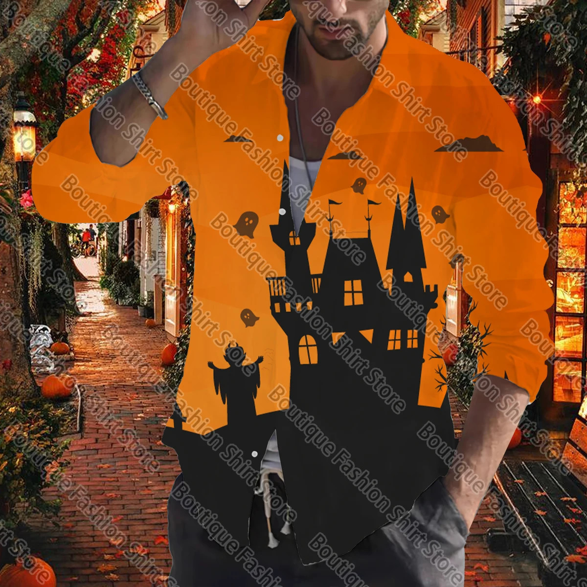 Halloween mens autumn and winter mens clothing sleeping button lapel soft and comfortable street outdoor party top 240829